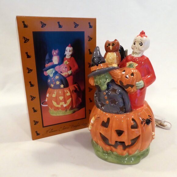 NEW 10” HALLOWEEN PUMPKIN WITCH SKELETON DRACULA CERAMIC ELECTRIC LAMP - Picture 1 of 16